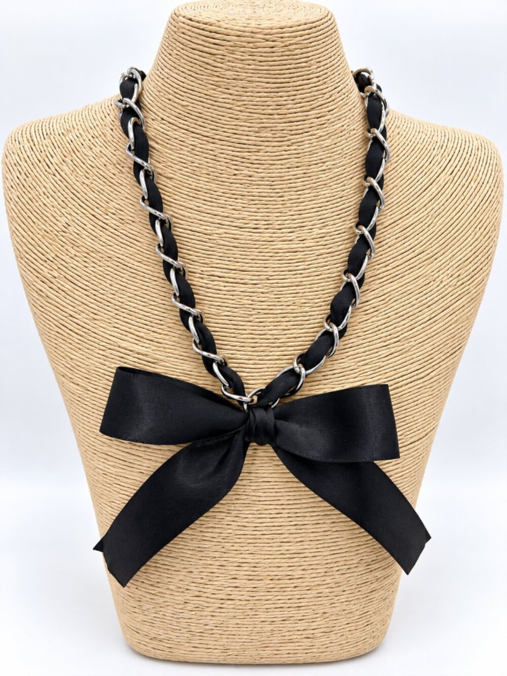 Black Ribbon Silver Tone Chain Bow Statement Necklace